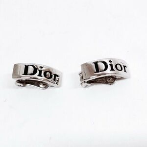 Vintage Christian Dior Classic Logo Monogram Silver Plate Hoop Clip-On Earrings